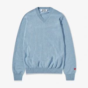 CDG Men Lambswool V Neck Sweater Blue Front Side