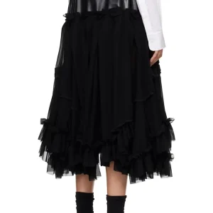 Comme des Garçons Black Georgette Faux-Leather Midi Skirt Back View
