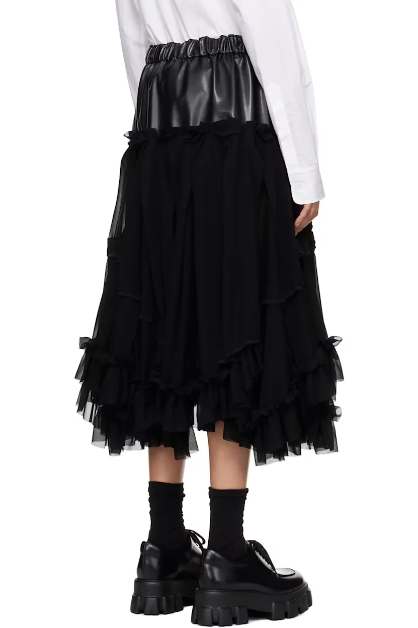 Comme des Garçons Black Georgette Faux-Leather Midi Skirt Back View